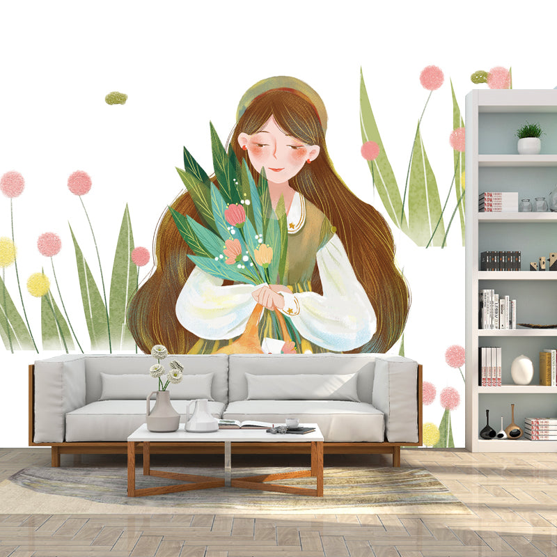 Artistry Girls Outing Wallpaper Mural for Bedroom Custom Wall Decor in Green on White