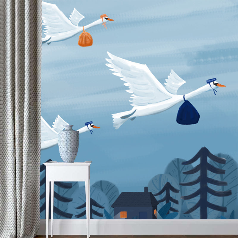 Blue-White Bird Migration Mural Stain Resistant Cartoon Kids Bedroom Wall Covering