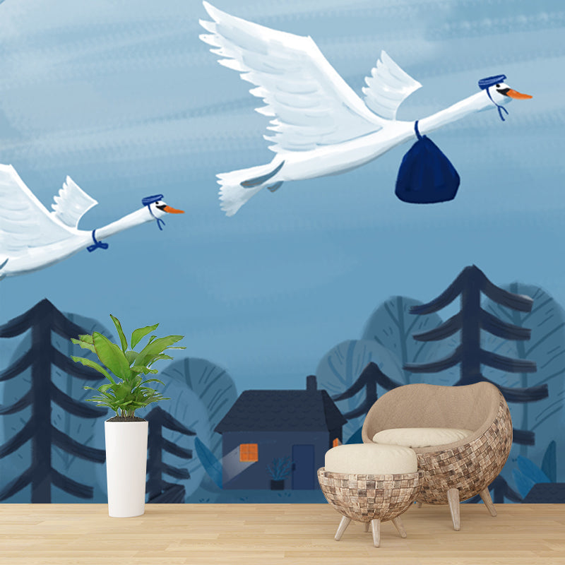 Blue-White Bird Migration Mural Stain Resistant Cartoon Kids Bedroom Wall Covering