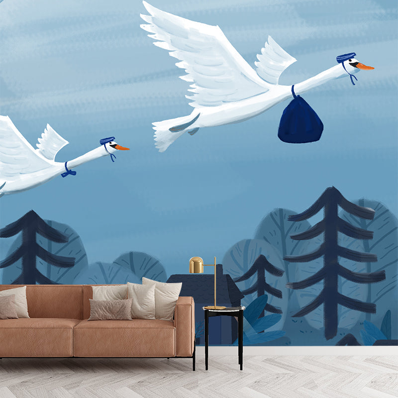 Blue-White Bird Migration Mural Stain Resistant Cartoon Kids Bedroom Wall Covering