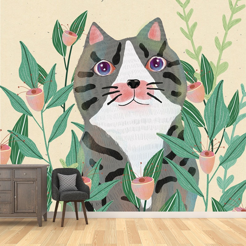 Kids Cat in Flowers Mural in Yellow-Green Waterproofing Wall Art for Child Bedroom