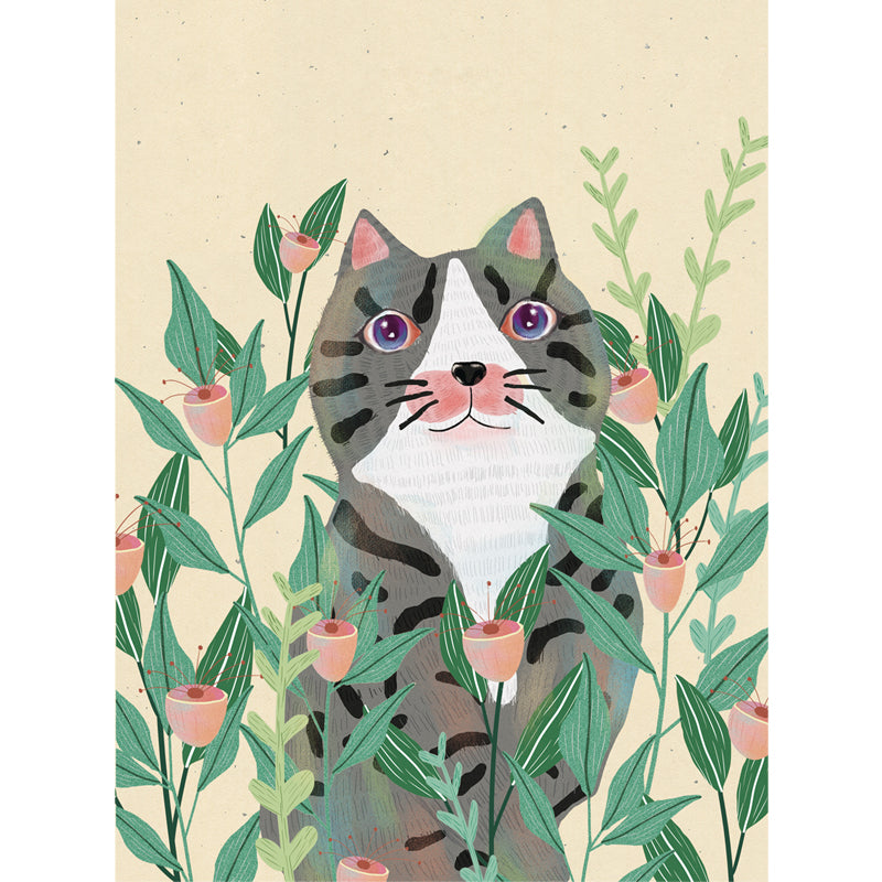 Kids Cat in Flowers Mural in Yellow-Green Waterproofing Wall Art for Child Bedroom