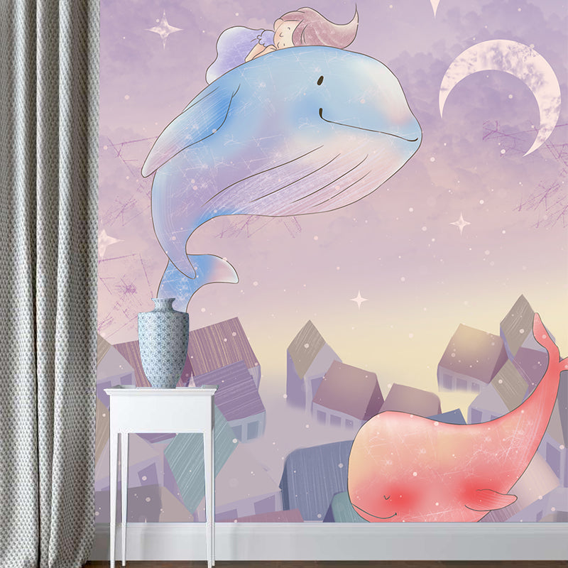 Dreamy Girl Riding Whale Mural for Bedroom Cartoon Wall Decor, Personalized Size