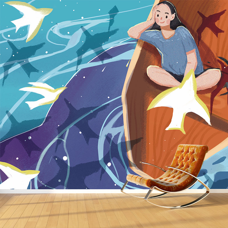 Huge Girl on Boat Mural Kids Fantasy Whale Under the Water Wall Art in Blue-Orange