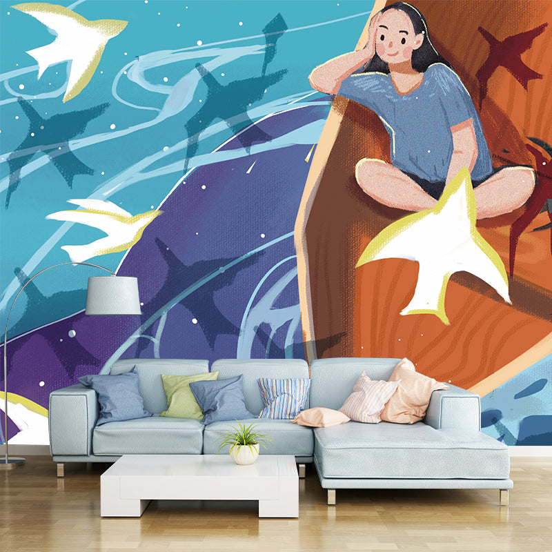 Huge Girl on Boat Mural Kids Fantasy Whale Under the Water Wall Art in Blue-Orange