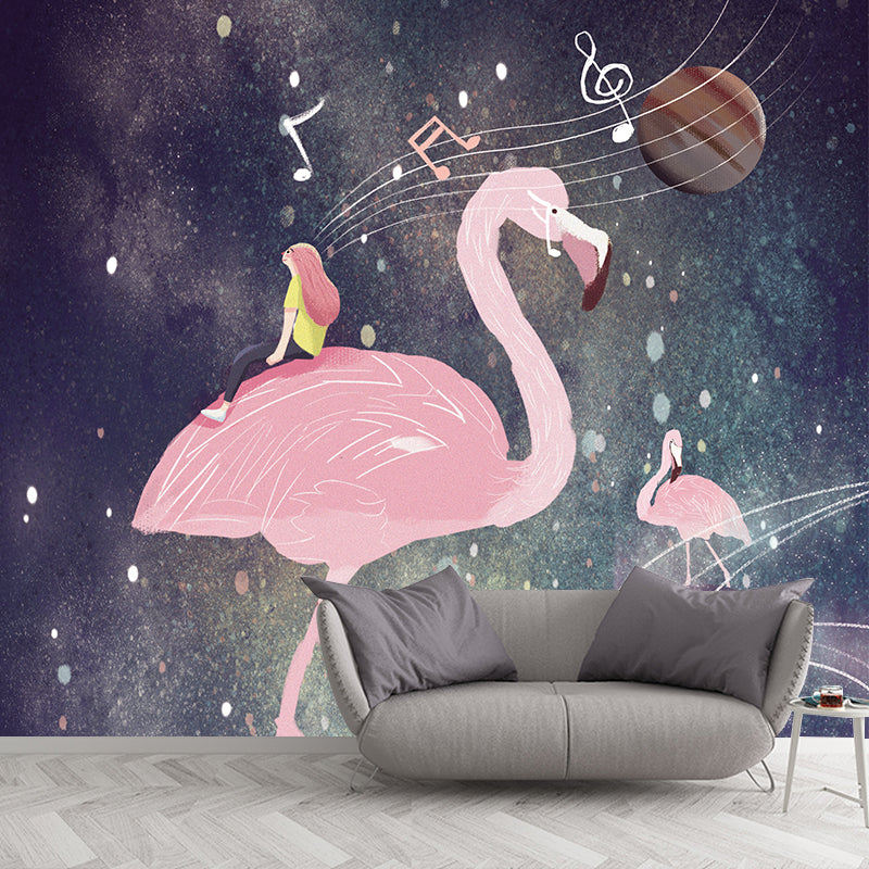 Pink Flamingo and Music Mural Wallpaper Water Resistant Wall Decor for Girls Bedroom