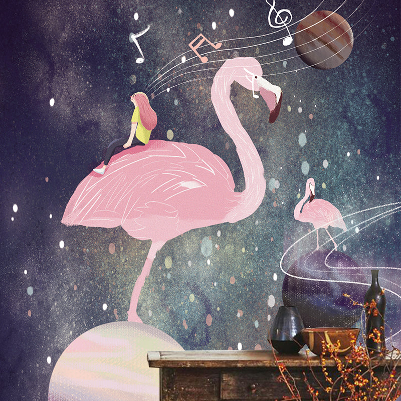 Pink Flamingo and Music Mural Wallpaper Water Resistant Wall Decor for Girls Bedroom