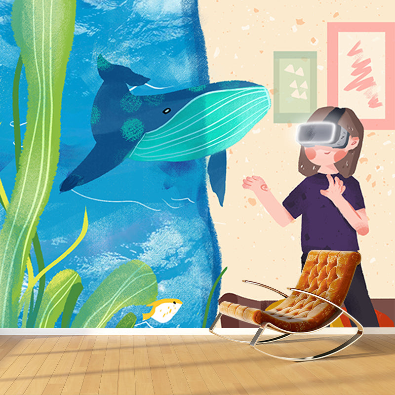 Full Size Aquarium Wall Mural Decal for Bedroom Boys 3D Glass Exploration Wall Art in Blue-Yellow, Waterproof