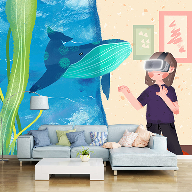 Full Size Aquarium Wall Mural Decal for Bedroom Boys 3D Glass Exploration Wall Art in Blue-Yellow, Waterproof