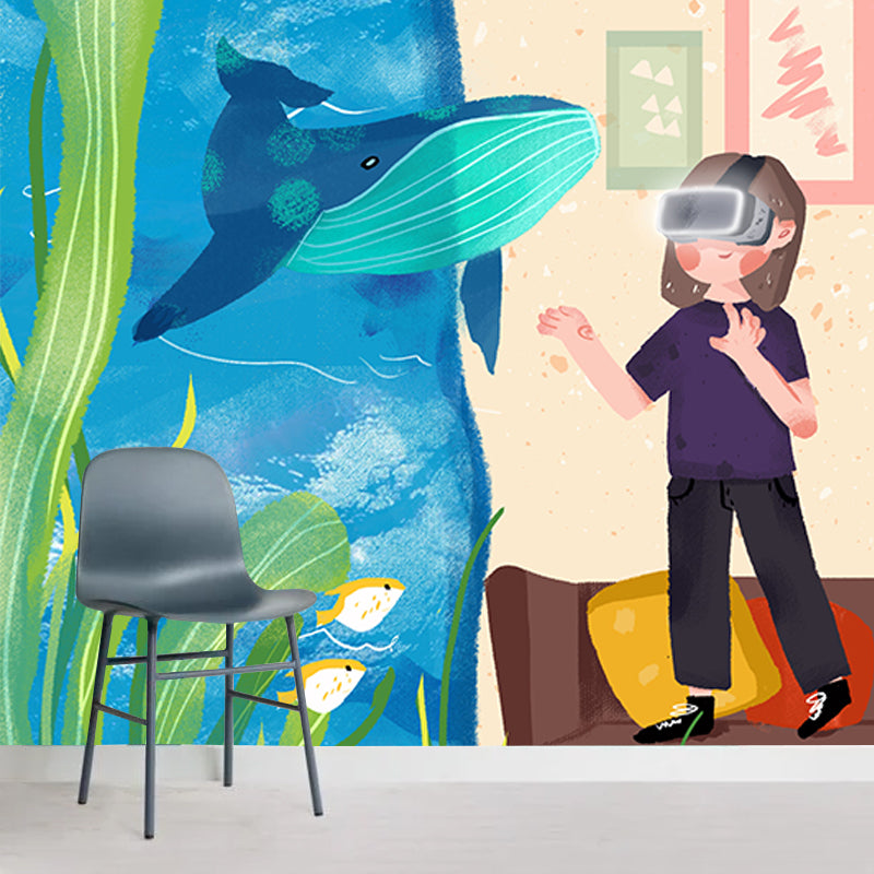 Full Size Aquarium Wall Mural Decal for Bedroom Boys 3D Glass Exploration Wall Art in Blue-Yellow, Waterproof