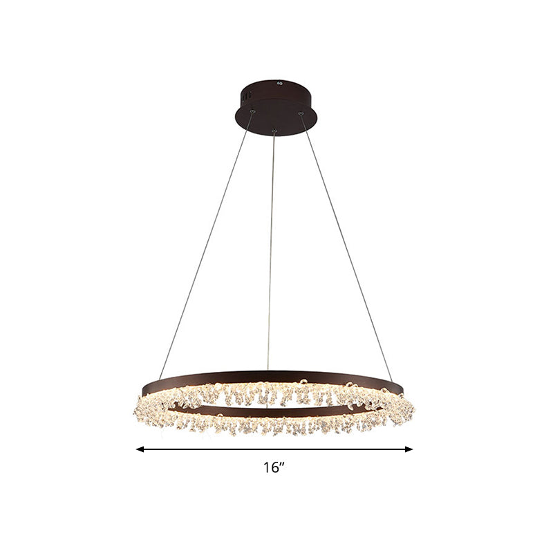 Brown Round Chandelier Light Contemporary Crystal LED Hanging Lamp in Natural Light for Bedroom, 16"/23.5"/31.5" Wide