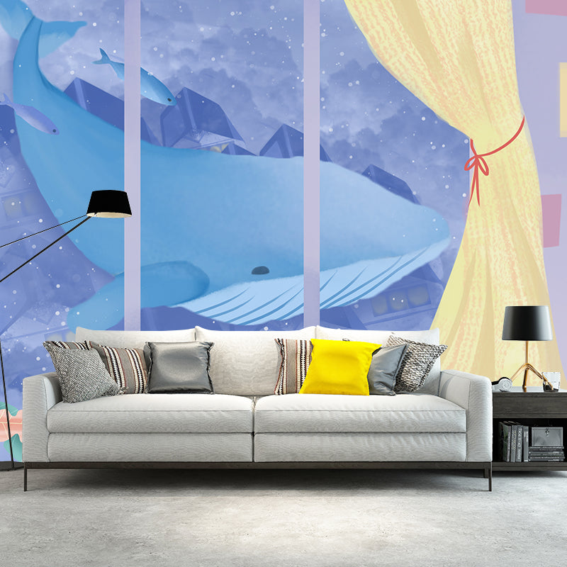 Whale Outside the Window Mural Purple-Yellow Childrens Art Wall Covering for Kids Room