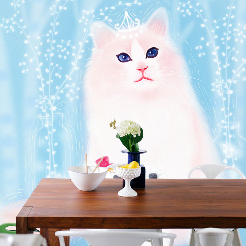 Giant Cat Mural Wallpaper in White on Blue Non-Woven Wall Decor, Stain Proof, Custom Size