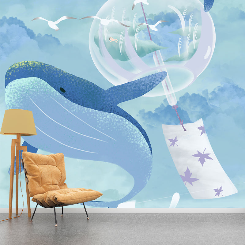 Blue Cartoon Wallpaper Mural Whole Whale and Gulls in Sky Pattern Wall Art for Bedroom