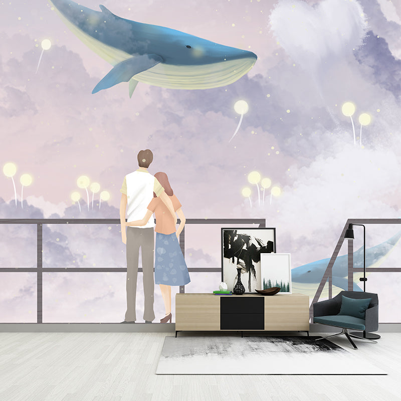 Cartoon Whale and Lover Mural Purple-White Bedroom Wall Covering, Personalized Size