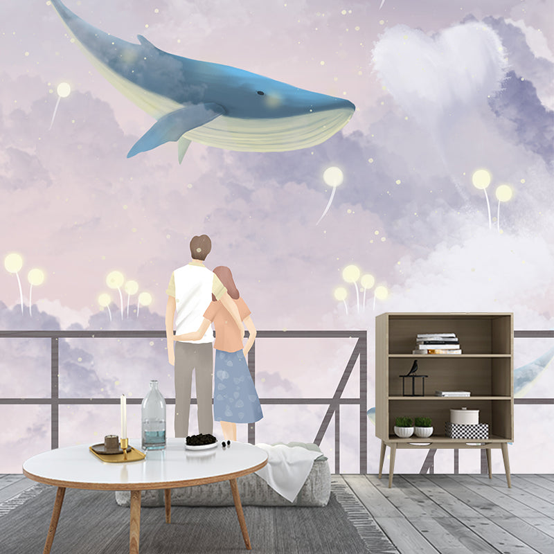 Cartoon Whale and Lover Mural Purple-White Bedroom Wall Covering, Personalized Size