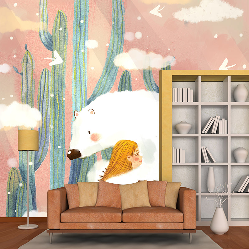 Bear and Girl Hug Mural Artistic Non-Woven Material Wall Decor in Pink and White