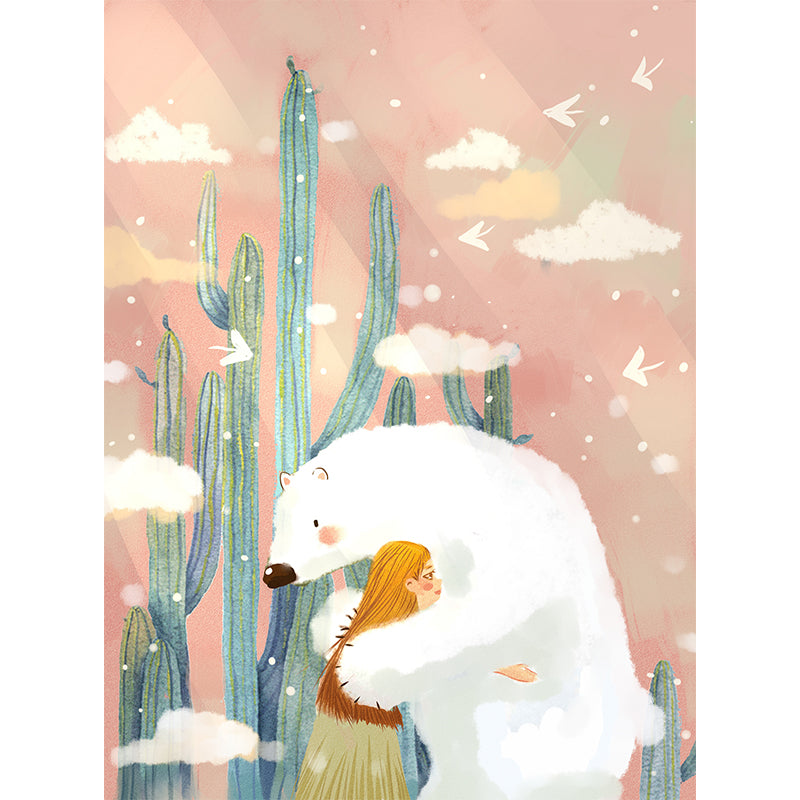 Bear and Girl Hug Mural Artistic Non-Woven Material Wall Decor in Pink and White