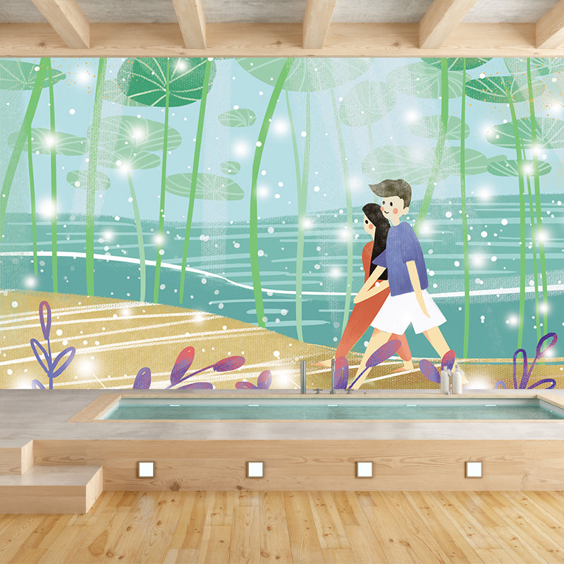 Lover Under Lotus Leaf Mural Childrens Art Smooth Wall Covering in Green, Non-Woven