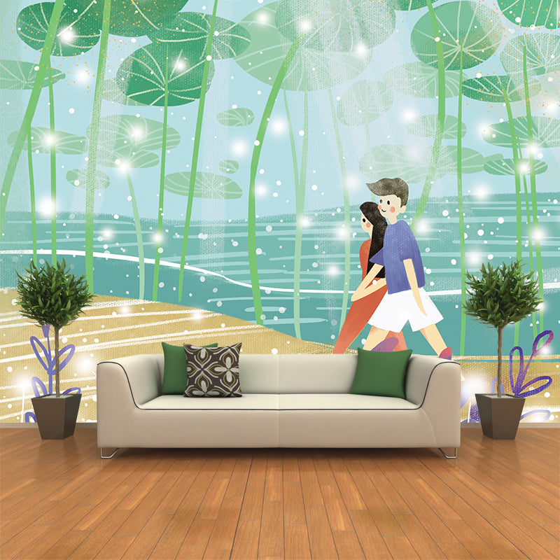 Lover Under Lotus Leaf Mural Childrens Art Smooth Wall Covering in Green, Non-Woven