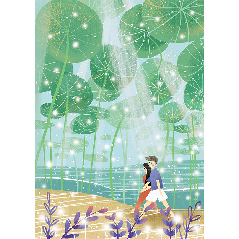 Lover Under Lotus Leaf Mural Childrens Art Smooth Wall Covering in Green, Non-Woven