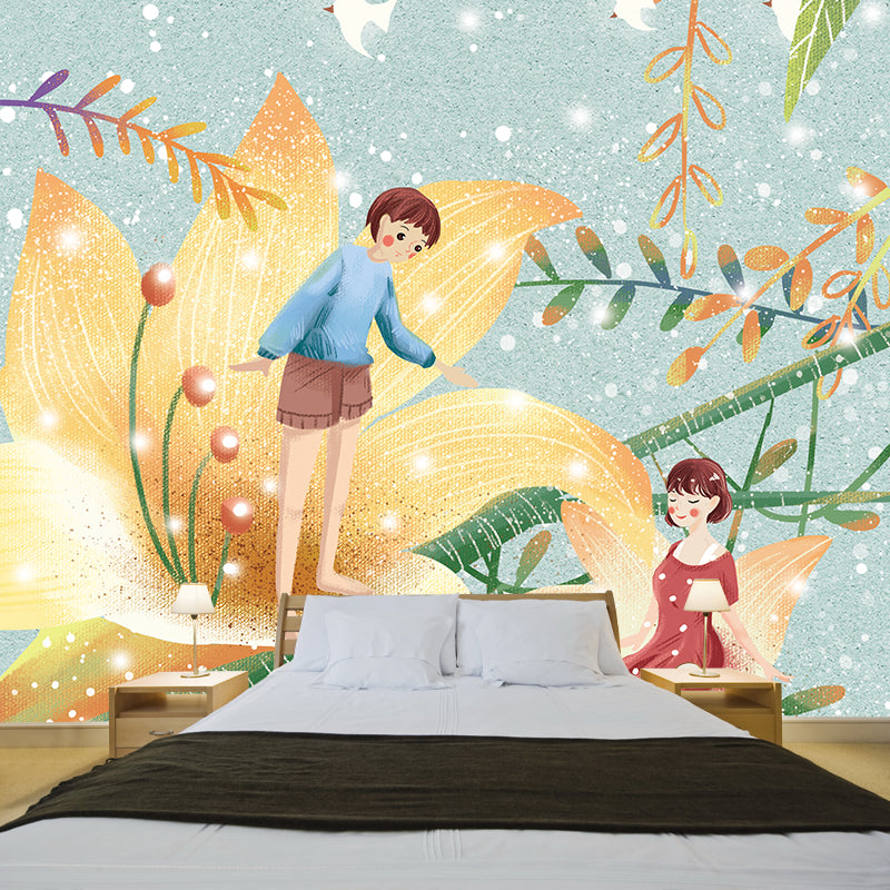 Childrens Art Flower Elves Mural Blue-Yellow Moisture Resistant Wall Decor for Kids Bedroom