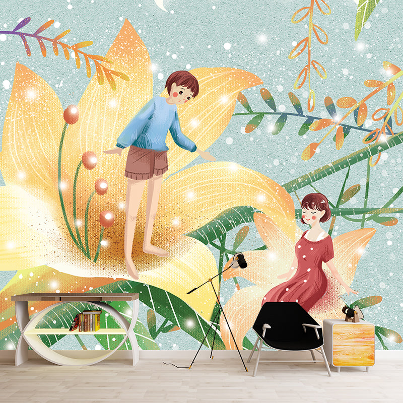 Childrens Art Flower Elves Mural Blue-Yellow Moisture Resistant Wall Decor for Kids Bedroom