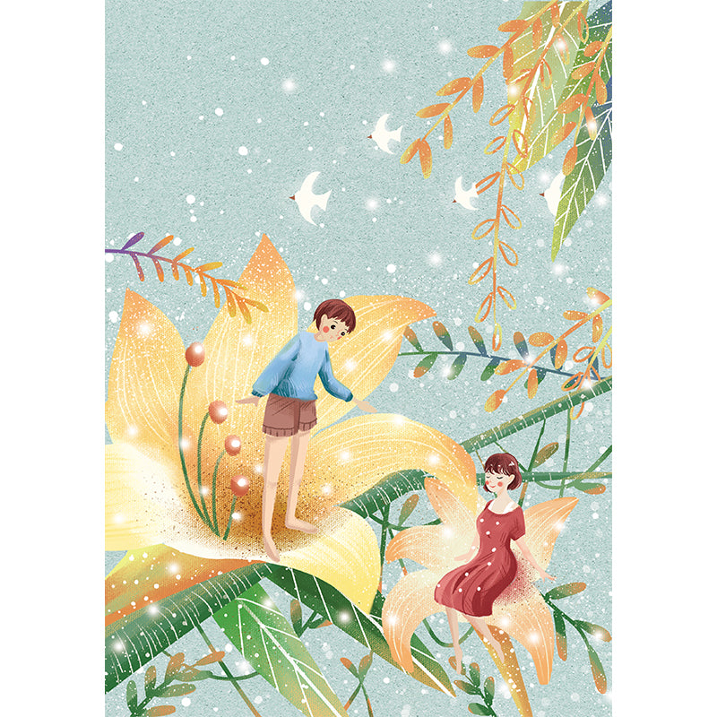 Childrens Art Flower Elves Mural Blue-Yellow Moisture Resistant Wall Decor for Kids Bedroom