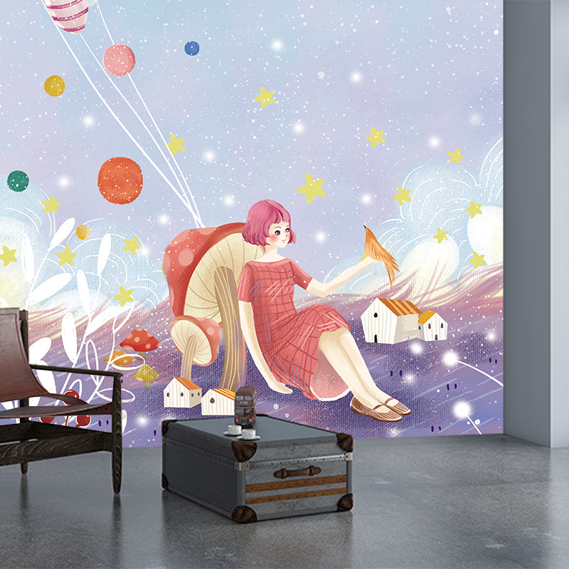Whole Kids Style Mural Wallpaper Purple-Blue Girl Sit Against Mushroom Wall Art, Optional Size