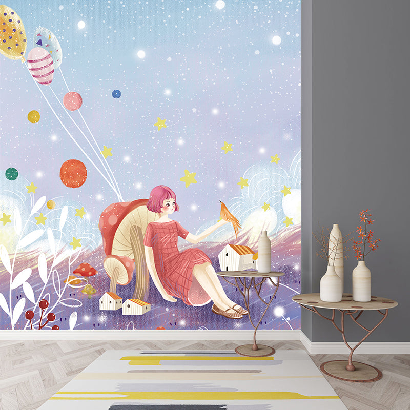 Whole Kids Style Mural Wallpaper Purple-Blue Girl Sit Against Mushroom Wall Art, Optional Size