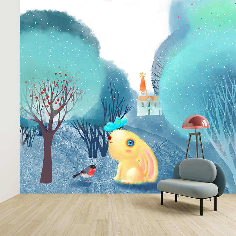 Cartoon Animal Wallpaper Mural Blue-White Rural Landscape Wall Covering for Nursery