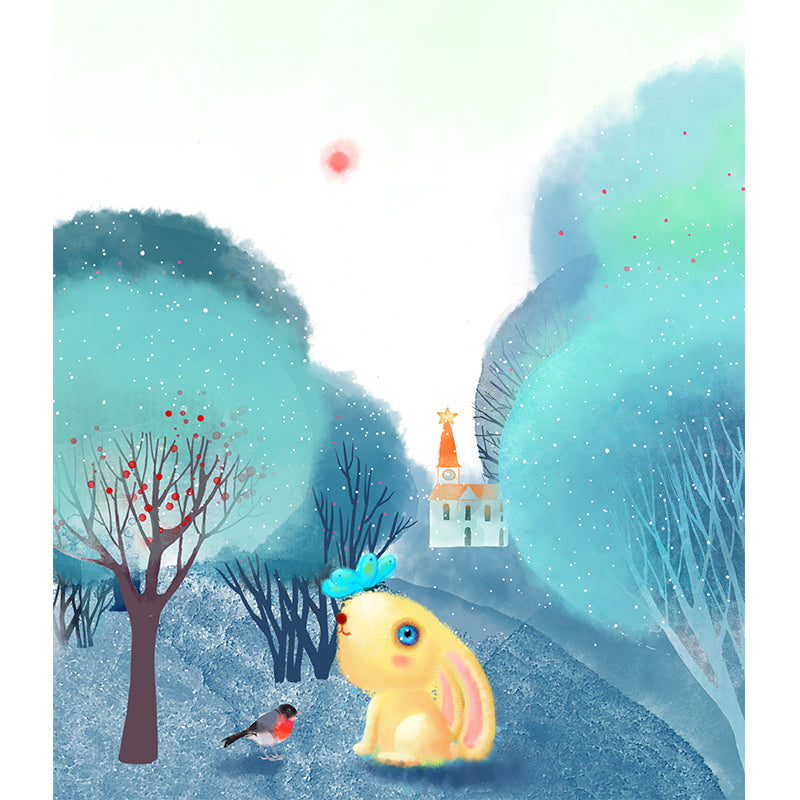 Cartoon Animal Wallpaper Mural Blue-White Rural Landscape Wall Covering for Nursery