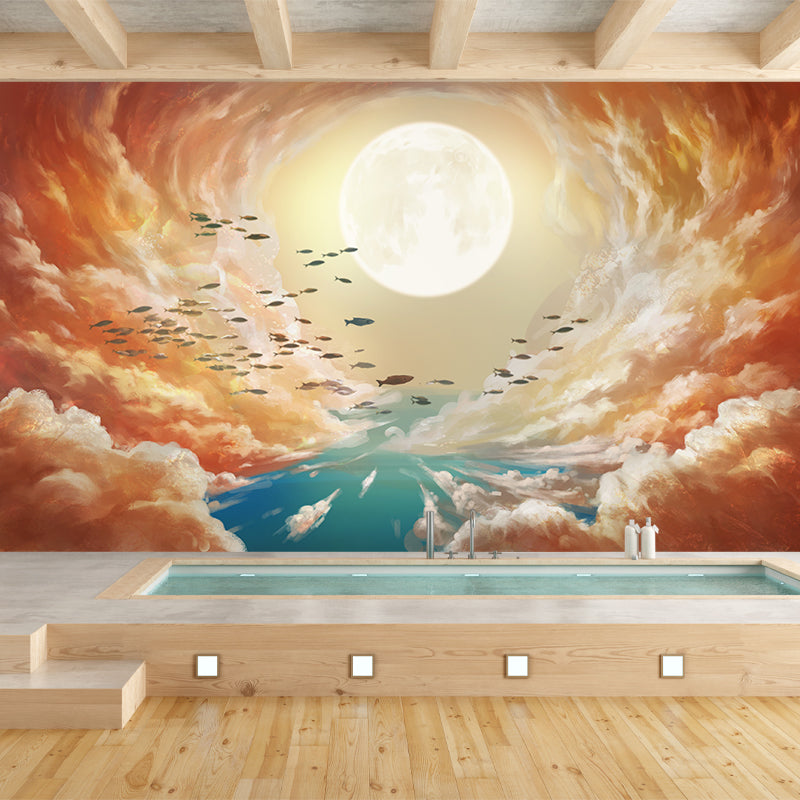 Super Moon and Cloud Mural Yellow-Blue Childrens Art Wall Covering for Living Room