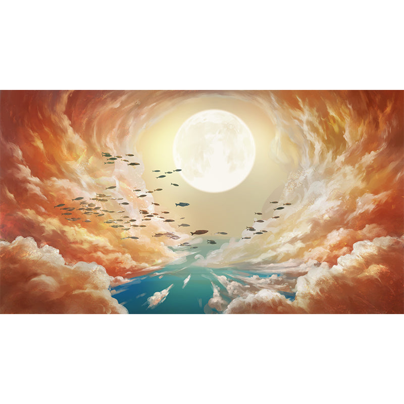 Super Moon and Cloud Mural Yellow-Blue Childrens Art Wall Covering for Living Room