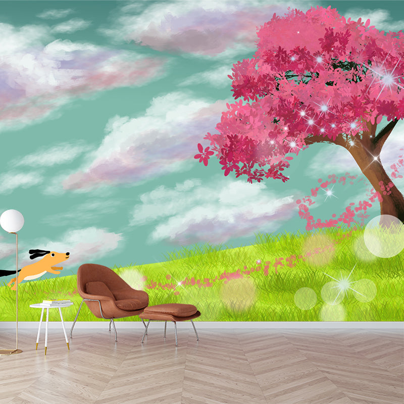 Whole Dog Running Mural Kids Alone Cherry Tree in Meadow Wall Decor in Pink-Green