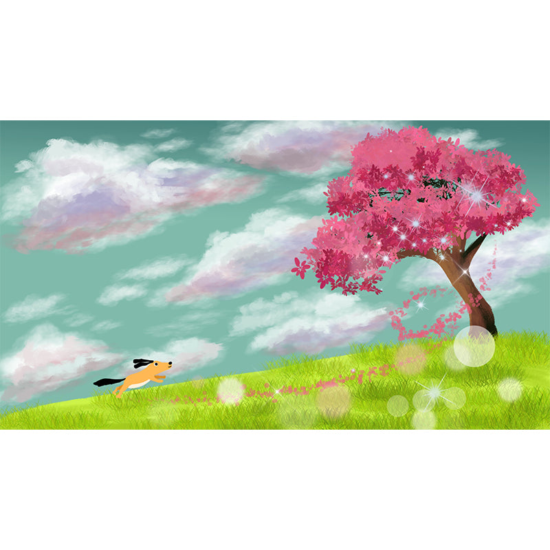 Whole Dog Running Mural Kids Alone Cherry Tree in Meadow Wall Decor in Pink-Green
