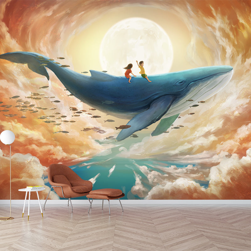 Smooth Whole Yellow-Blue Mural Childrens Art Kids Trip with Whale Under Super Moon Wall Covering, Custom Made