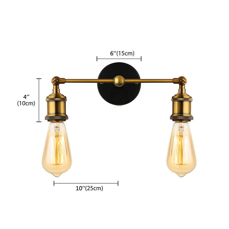 2 Lights Exposed Sconce Light with Bare Bulb Industrial Brass Finish Metal Wall Light Fixture for Coffee Shop