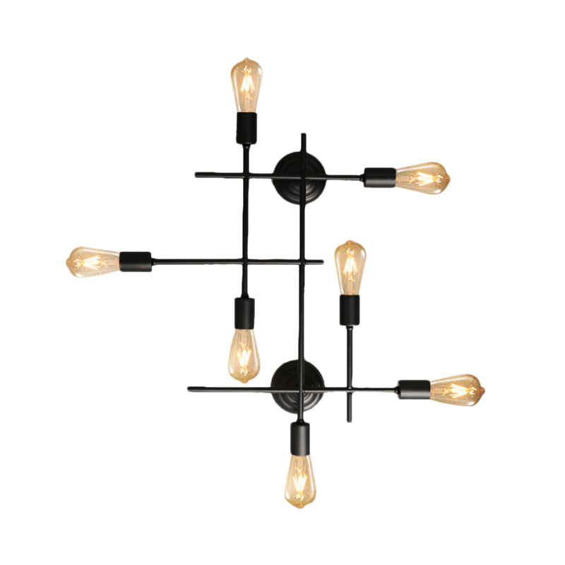Iluminación de pared de forma de cruz múltiple con bombilla expuesta de pared metálica negra industrial aplastante sobre la mesa