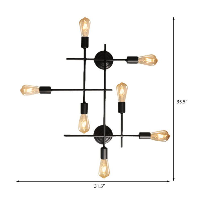Multi -Licht -Kreuzformwandbeleuchtung mit exponierten Glühbirnen industrielle schwarze metallische Wandleuchten über Tisch