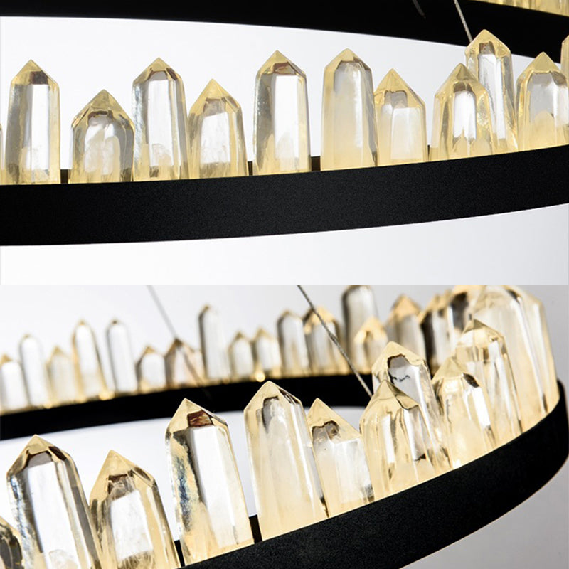 Lampadante a pendente ad anello di cristallo LED contemporaneo LED Nero appeso al soffitto in luce calda/bianca per soggiorno