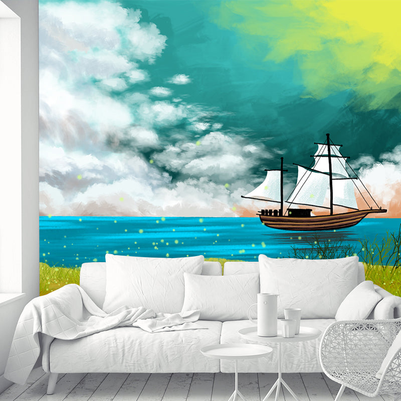 Kids Sailing Ship Mural Wallpaper Yellow-Blue Spring Seaside Landscape Wall Art for Home