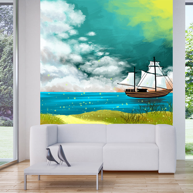 Kids Sailing Ship Mural Wallpaper Yellow-Blue Spring Seaside Landscape Wall Art for Home