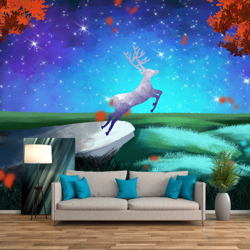 Blue-Orange Childrens Art Mural Big Deer in Starry Night Forest Wall Decor for Bedroom