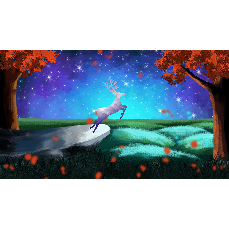 Blue-Orange Childrens Art Mural Big Deer in Starry Night Forest Wall Decor for Bedroom