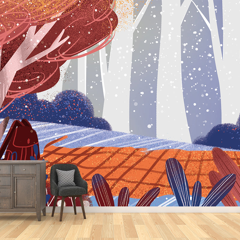 Picnic in the Forest Mural Blue-Brown Childrens Art Wall Covering for Bedroom, Non-Woven Cloth