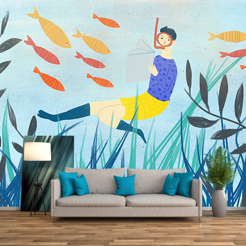 Blue Reading Undersea Mural Decal Moisture Resistant Wall Art for Childrens Bedroom