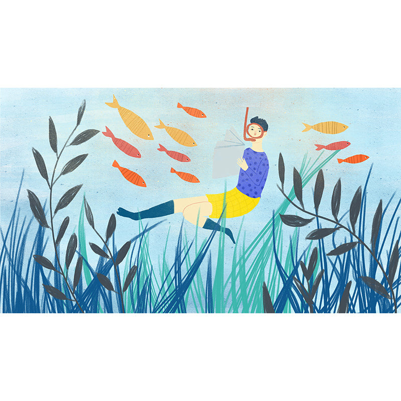 Blue Reading Undersea Mural Decal Moisture Resistant Wall Art for Childrens Bedroom