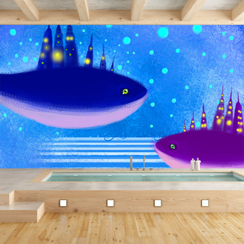 Huge Whale Castle Wall Mural Blue-Purple Non-Woven Wall Decor, Stain Resistant, Custom Print