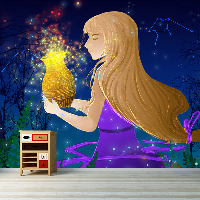 Fairy Constellation Aquarius Mural Childrens Art Non-Woven Wall Covering in Purple-Yellow